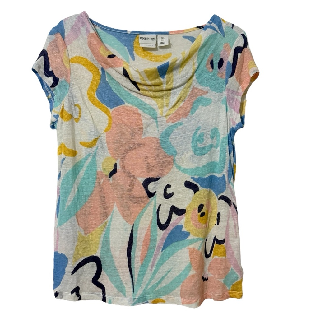 100% Linen Rachel Zoe Pastel Abstract Cowl Neck
Cap Sleeve Top Size Large